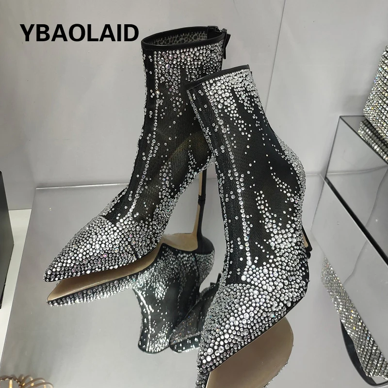 

Sexy Pointed Toe Thin High Heel Summer Ankle Boots Women Rhinestone Decor Mesh Hollow Out Short Boots Elegant Lady Party Shoes