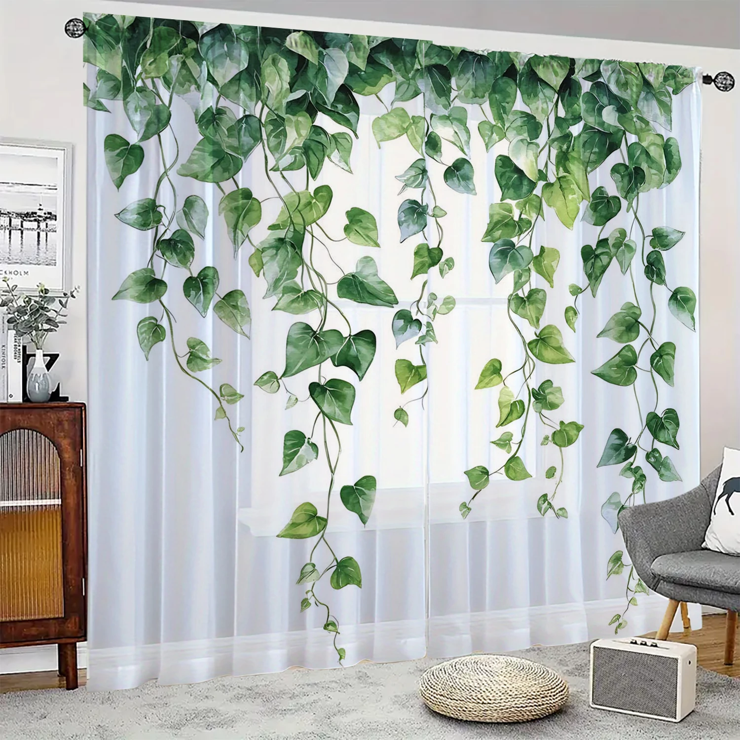 2 Pieces HD Digital Green Vine Leaves Printed Window Screen Home Decor Style Decoration Living Room Bedroom Rod