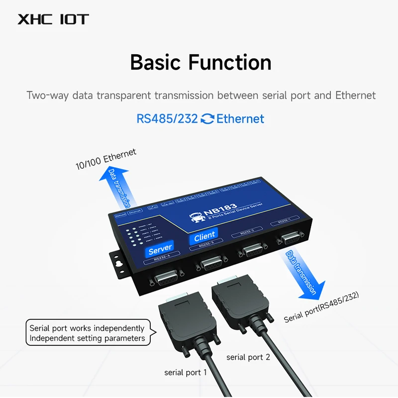 8-Channel Serial Server RS485/232/422 to RJ45 XHCIOT NB183 Series ModBus RTU to TCP MQTT/HTTP Build-in Watchdog IOT Module