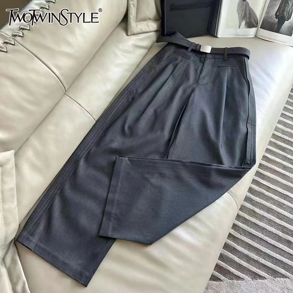 TWOTWINSTYLE Elegant Slimming Solid Pants For Women High Waist Spliced Pockets Autumn Vintage Draped Trousers Female KPA548513