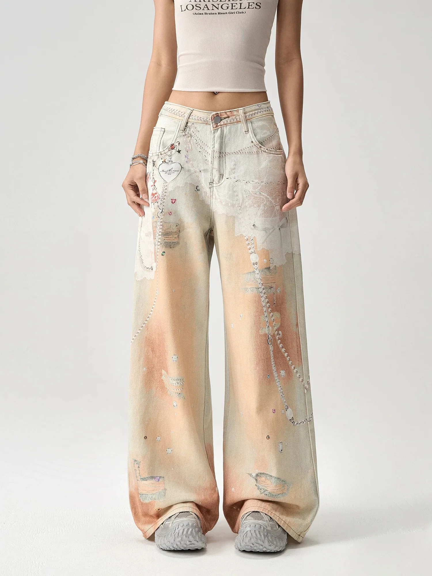 

American high street printed wide leg jeans for women in spring and autumn, retro Y2K loose hanging pants, 2025