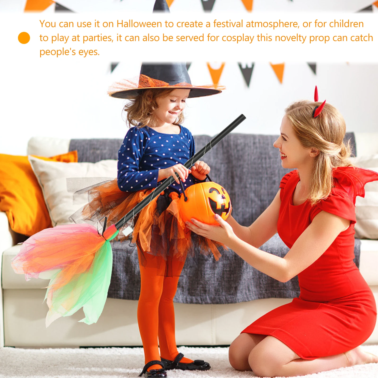 

1pc Halloween LED Light Broom Toy Witch Accessory Plastic Mesh Premium Material Safe Lightweight Kids Cosplay Party Decoration
