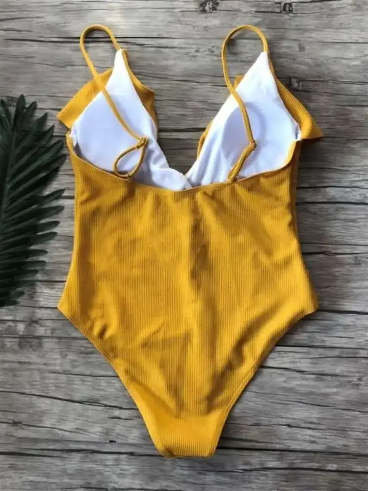 Sexy One-Piece Swimsuit Women Swimwear Push Up Monokini Ruffle Bathing Suit High Waist Beach Wear Yellow Swimsuit Fused Female