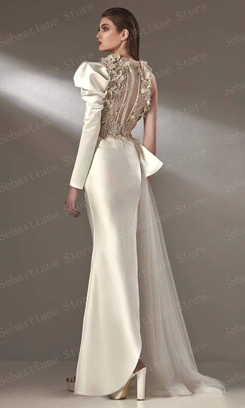 Charming Gorgeous Elegant Prom Dresses Long Sleeves Appliques Split Tulle Long Train Women Evening Pageant Gowns Custom Made