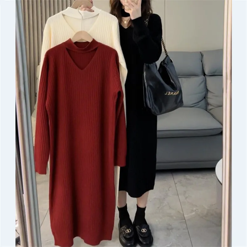 Outono inverno feminino solto sobre o joelho vestido de malha camada comprimento médio camisola vestidos longos