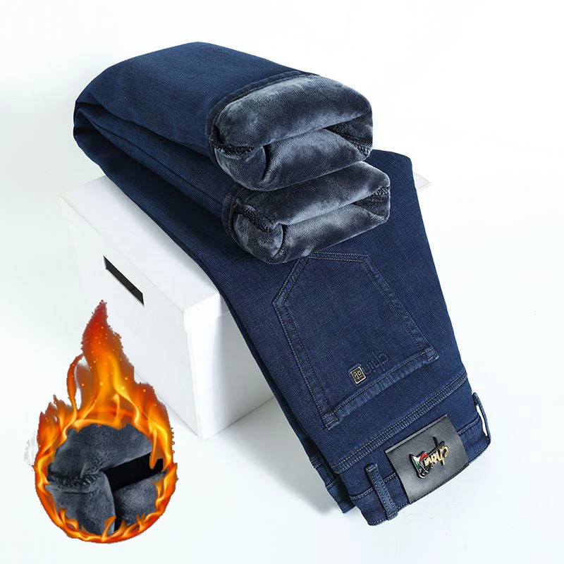 2026 New Winter Thickened Warm Jeans Men Fashion Loose Straight Fleece Denim Trousers Male High Quality Business Casual Pants