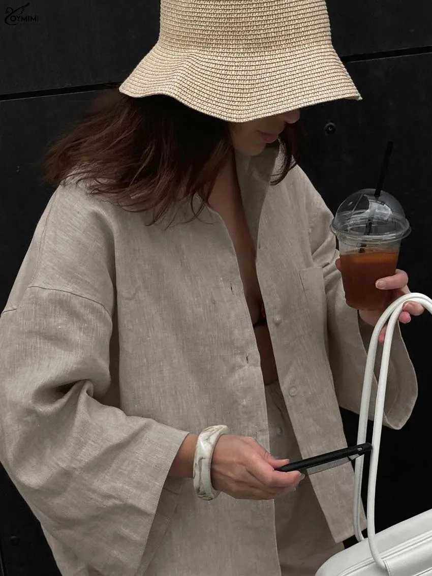 Oymimi Casual Khaki Loose Woman 2 Piece Set Outfit Autumn Lapel Long Sleeve Single Breasted Shirts And Button Shorts Female Sets