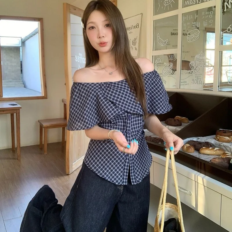 Women One Shoulder T-shirts Lady French Chic Fashion Plaid Blouse Figure Flattering Slim Top Female Vintage Sweet Top