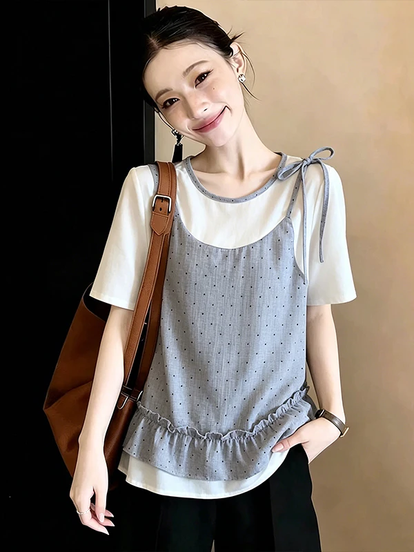 

Summer New plus Size T-Shirt Women's Sweet Soft Style Wood Grain Design Cover up Slimming Effect Two-Piece Look Top
