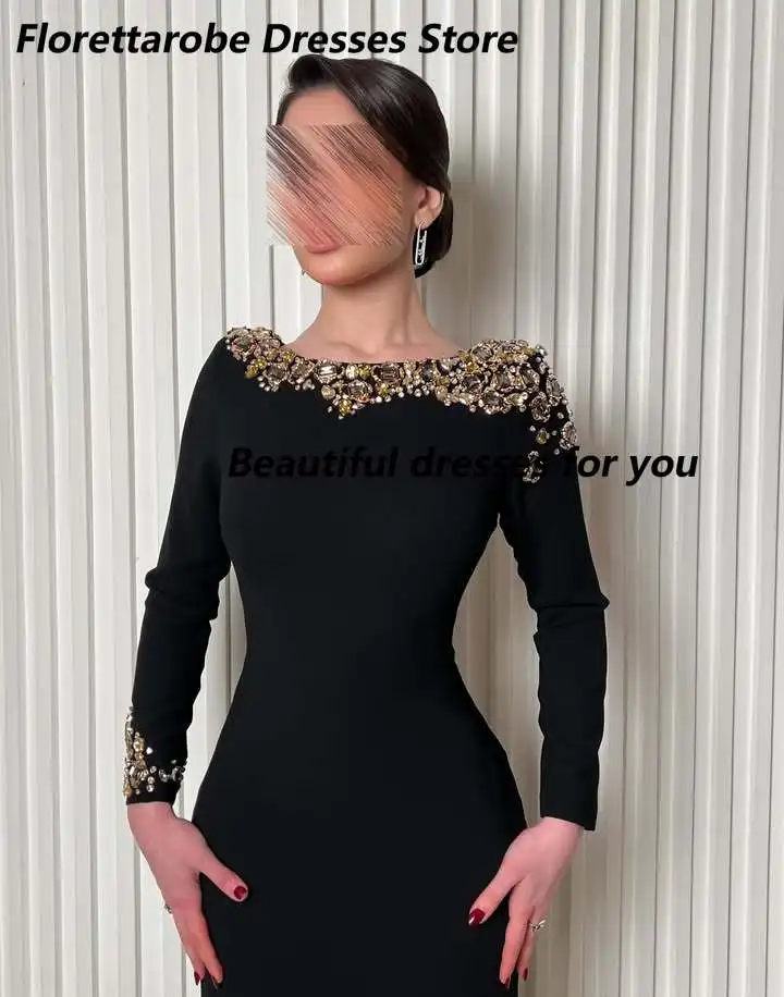Luxuriöses schwarzes Abendkleid aus Kristalljersey, maßgeschneidert, mit U-Ausschnitt, langen Ärmeln, Meerjungfrauen-Stil, bodenlang, formelle Partykleider für Damen