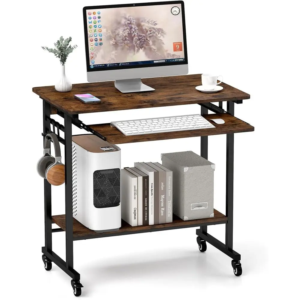 

Rolling Computer Desk Cart with Keyboard Tray, Mobile Portable Laptop PC Desk with CPtand & 3 Hooks or Soa & Bed, Industrial Sma