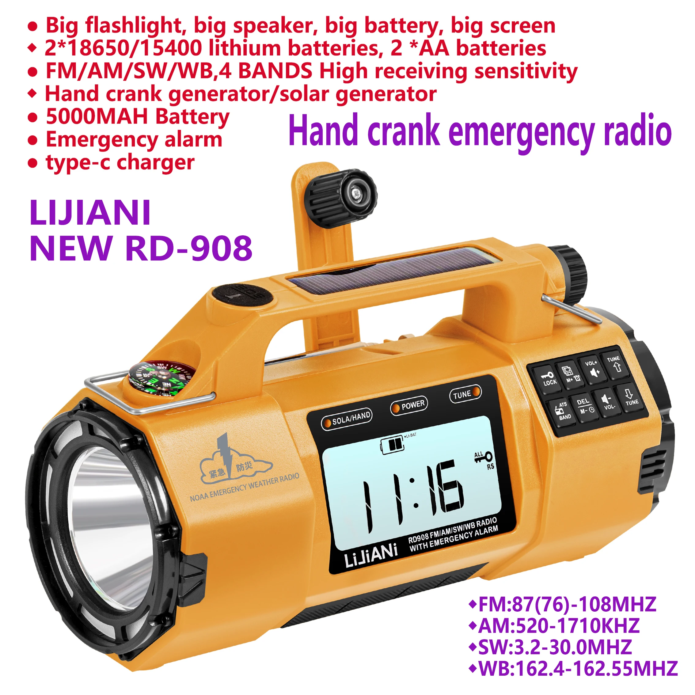 Emergency Radio with AM/FM/SW/WB Four Bands, Hand-cranked Generator, Large Capacity Battery and High Power Flashlight