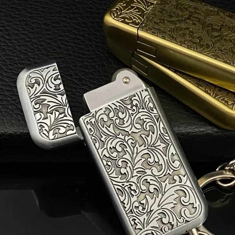 Portable Mini Retro Bronze Lighter Metal Keychain Grinding Wheel inflatable Lighter Cigarette Accessories Men's Gift