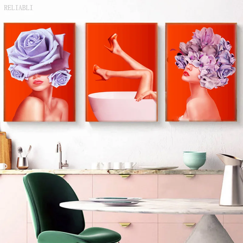 Abstracte Bloem Schoonheid Vrouw Badkamer Schilderen Posters Doek Poster Wall Art Home Decoration Foto Woonkamer Decor