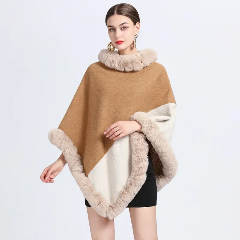 Inverno bege camelo contraste poncho capa de pele de coelho feminino triângulo moda capa solta pullovers outstreet xale casaco