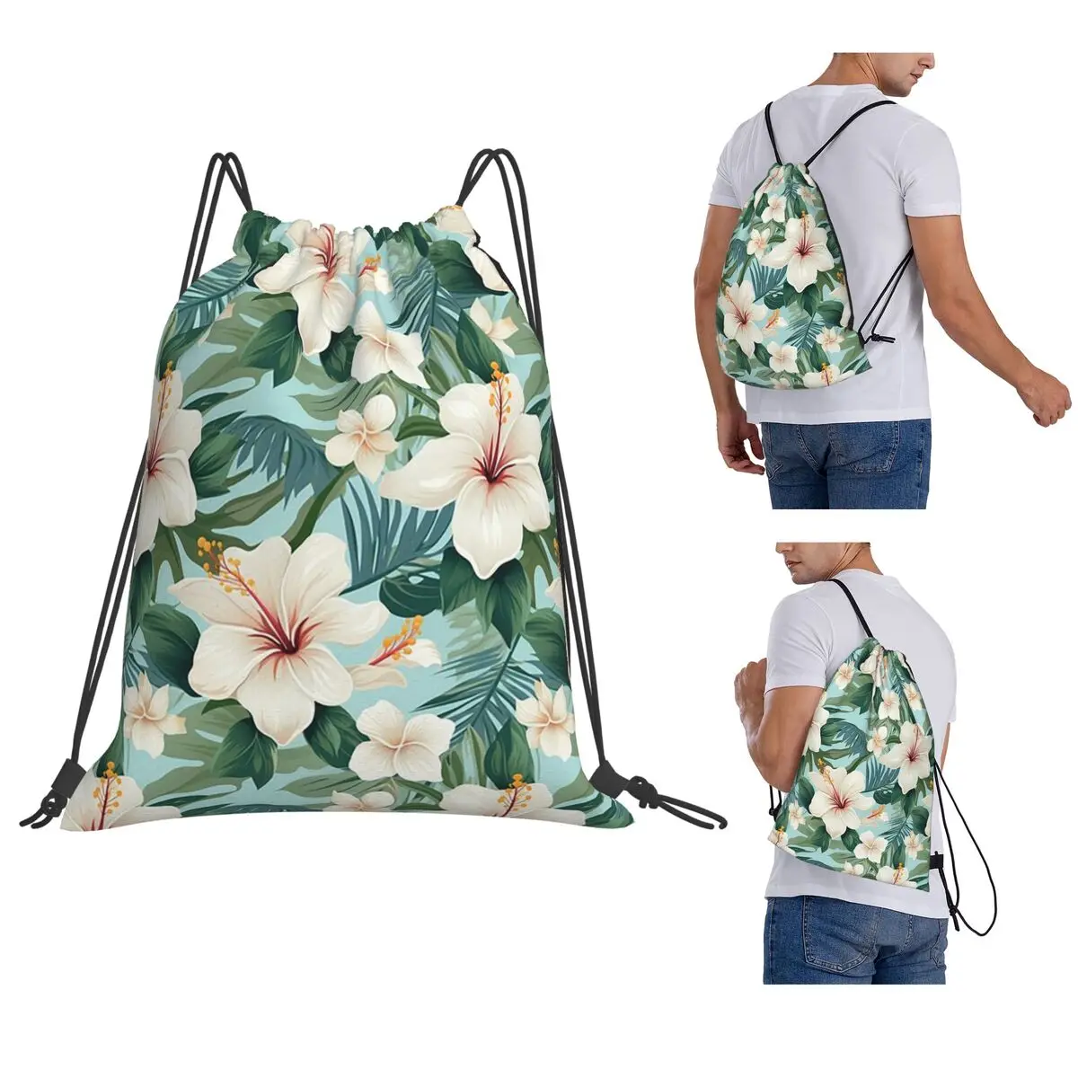 

Hibiscus Pattern Blue Green White Backpacks Multi-function Drawstring Bundle Pocket Sundries Bag Book Bags for Man Woman School