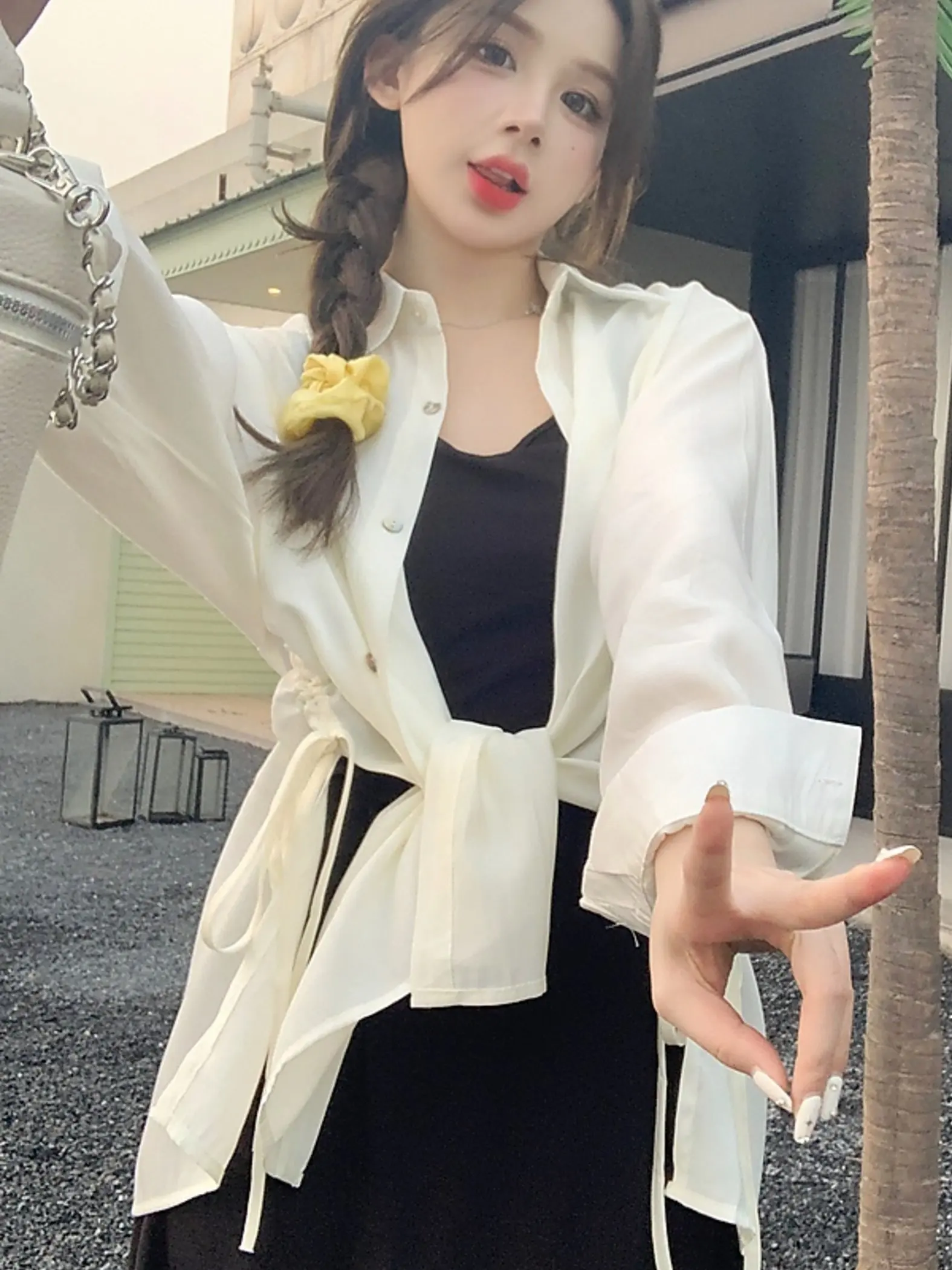 

plus Size Women's Spring Design Drawstring Shirt Jacket Knotted Vest Dress Two-Piece Set A-Line Skirt Long Sleeve Polyester F...