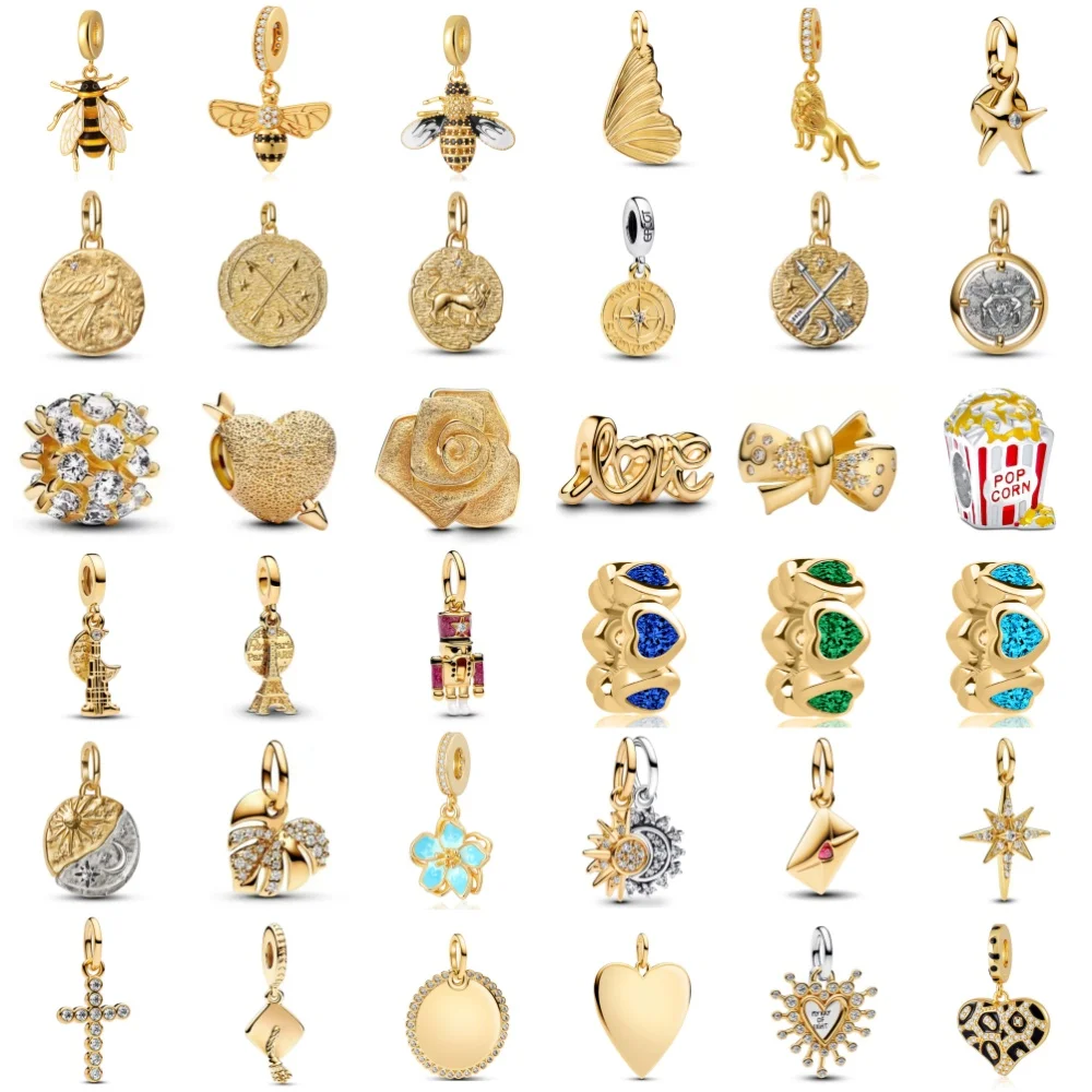 

European Gold Color Heart Stone Spacer Flower Popcorn Diy Bead Sun Moon Pendant Fit Eurpean 925 Sterling Silver Bracelet Bangle