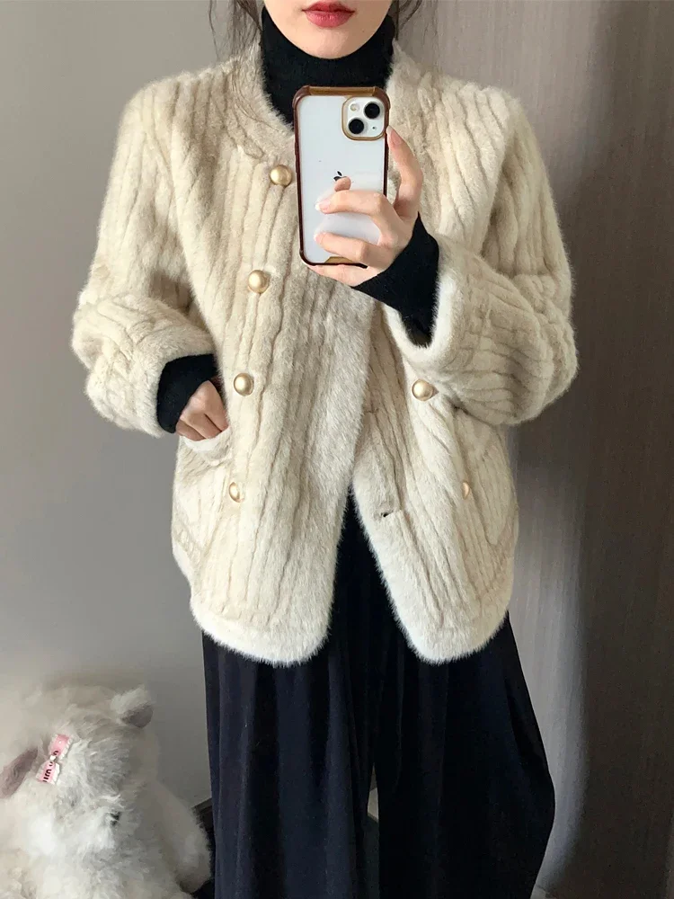 Faux Mink Fur Jacket Double Breasted Round Collar Women 2024 Winter Elegant Short Coats Fashion All Match Female Trendy