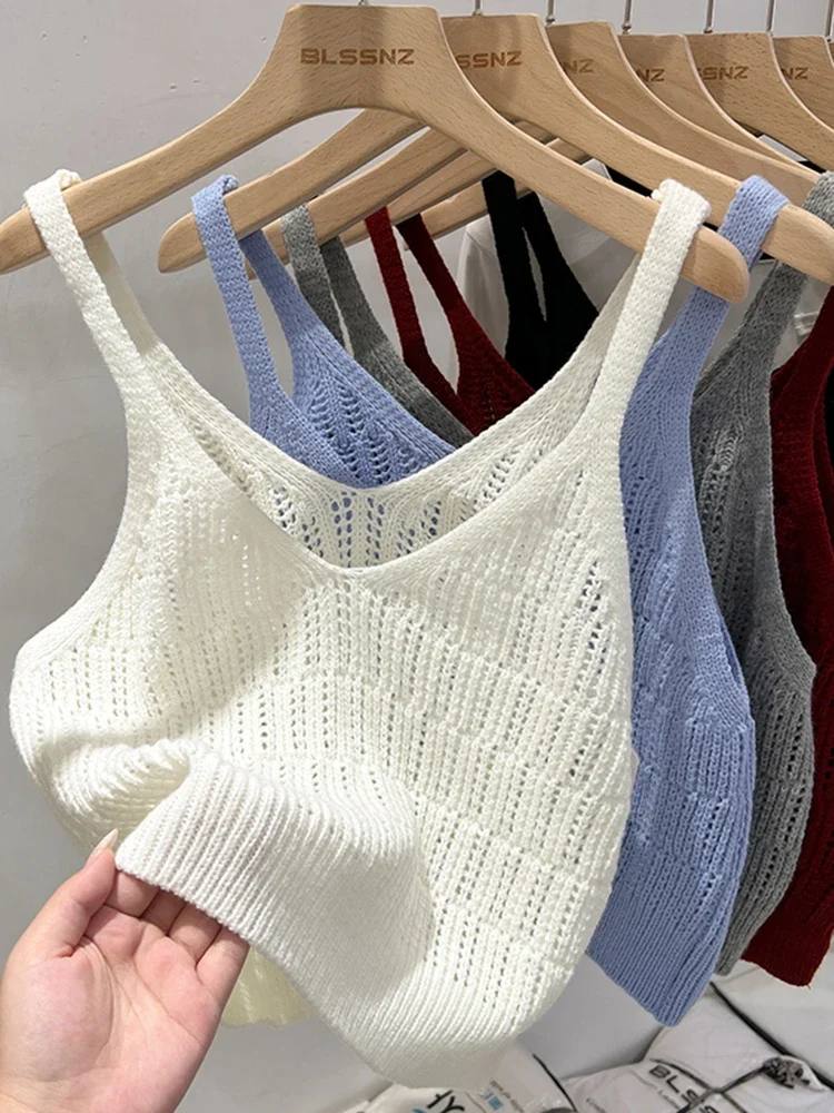 

Pop Korea Knitted Vests Women Top V-neck Solid Tank Blusas Mujer De Moda Summer Fashion Female Sleeveless Casual Thin Tops