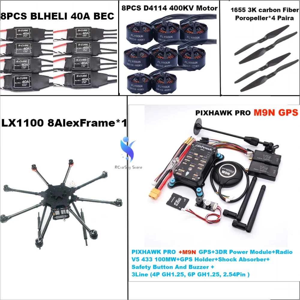 

LX1100 Full Carbon Fiber 1100mm Octa-Rotor Frame BLHELI 40A ESC PX4 Pixhawk PRO M9N Flight Comtrol Set D4114 Motor