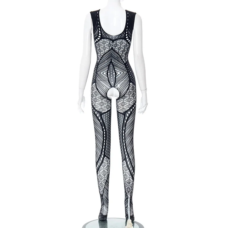 Sexy Hollow Out See Through Jumpsuit for Women Midnight Sleeveless Patchwork Body-Shaping Clubwear One Piece Outfit Bodystocking