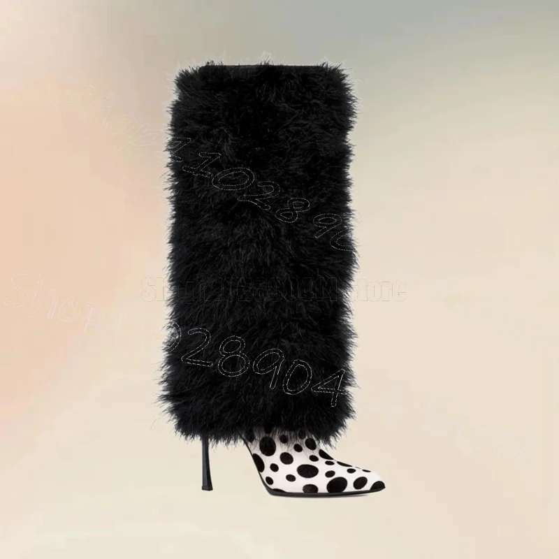 

Dairy Cow Print Black Fur Pointed Toe Boots Slip On Women Shoes Thin High Heels Fashion Party Banquet 2025 Zapatos Para Mujere