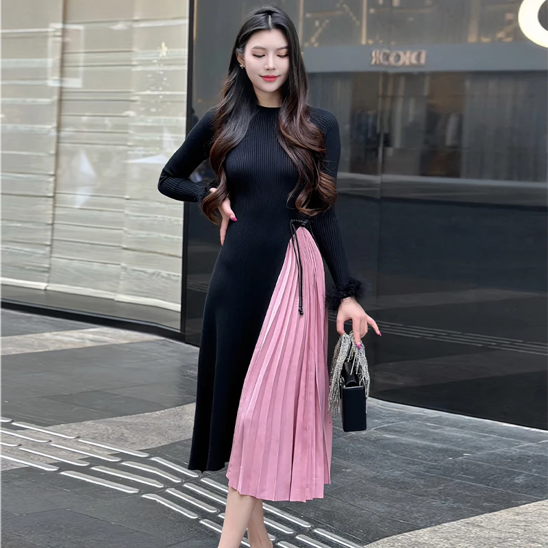 

New Fashion Autumn Designer Vintage Party Spliced Dress Women O Neck Feather High Elastic Kniting Slim Pleated Long Dresses