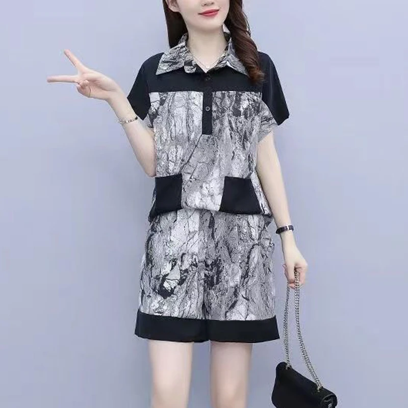 2 Piece Sets Women 2024 Summer Korean Fashion Print Patchwork Short Sleeve Tops Female Casual Street Pockets Loose Shorts Outfit