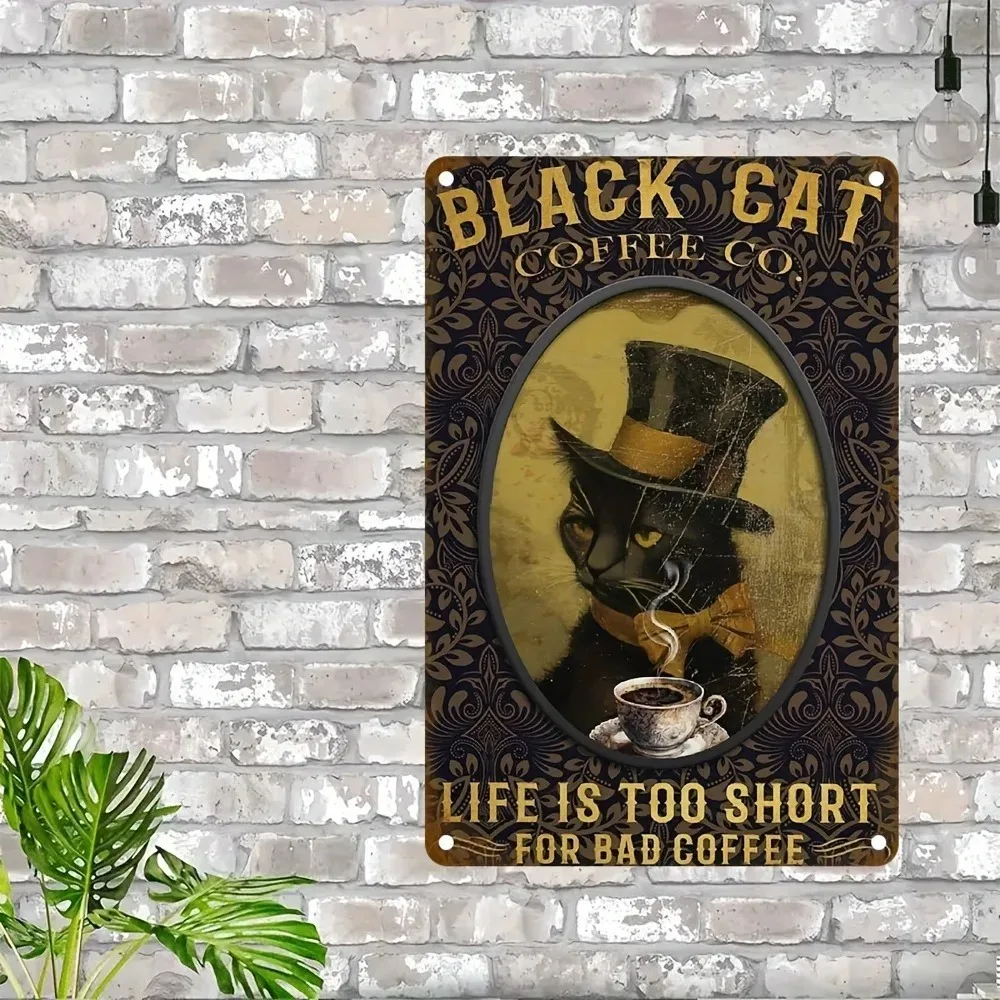 

Black Cat Coffee" Distressed Aluminum Sign – Vintage Metal Art with Witch Hat Espresso Cup & Moonlit Window Motif | Retro Wall