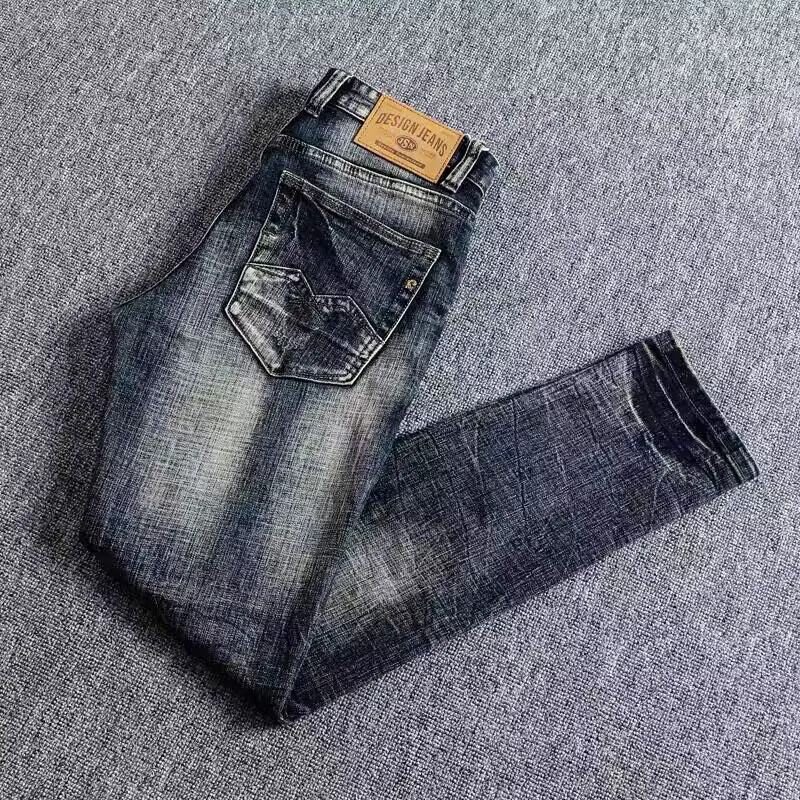 Fashion Designer Men Jeans High Quality Retro Black Blue Elastic Slim Ripped Jeans Men Embroidery Patched Vintage Denim Pants