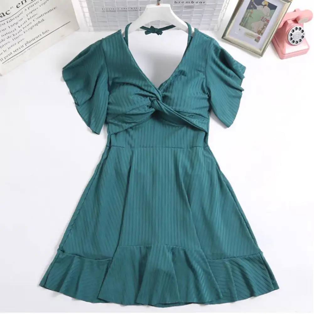 

Милые защитные брюки, юбка с лямкой на шее, купальник с короткими рукавами, плиссированный купальный костюм, пляжная одежда, купальник с мягкой подкладкой для отдыха