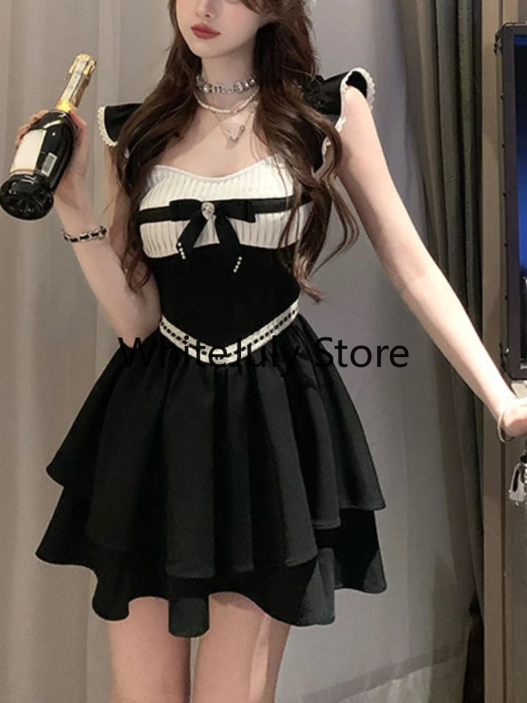 2023 Summer Bow Elegant Fairy Short Party Dress Women One Piece Dress Korean Fashion French Sleeveless Y2k Mini Strap Dress