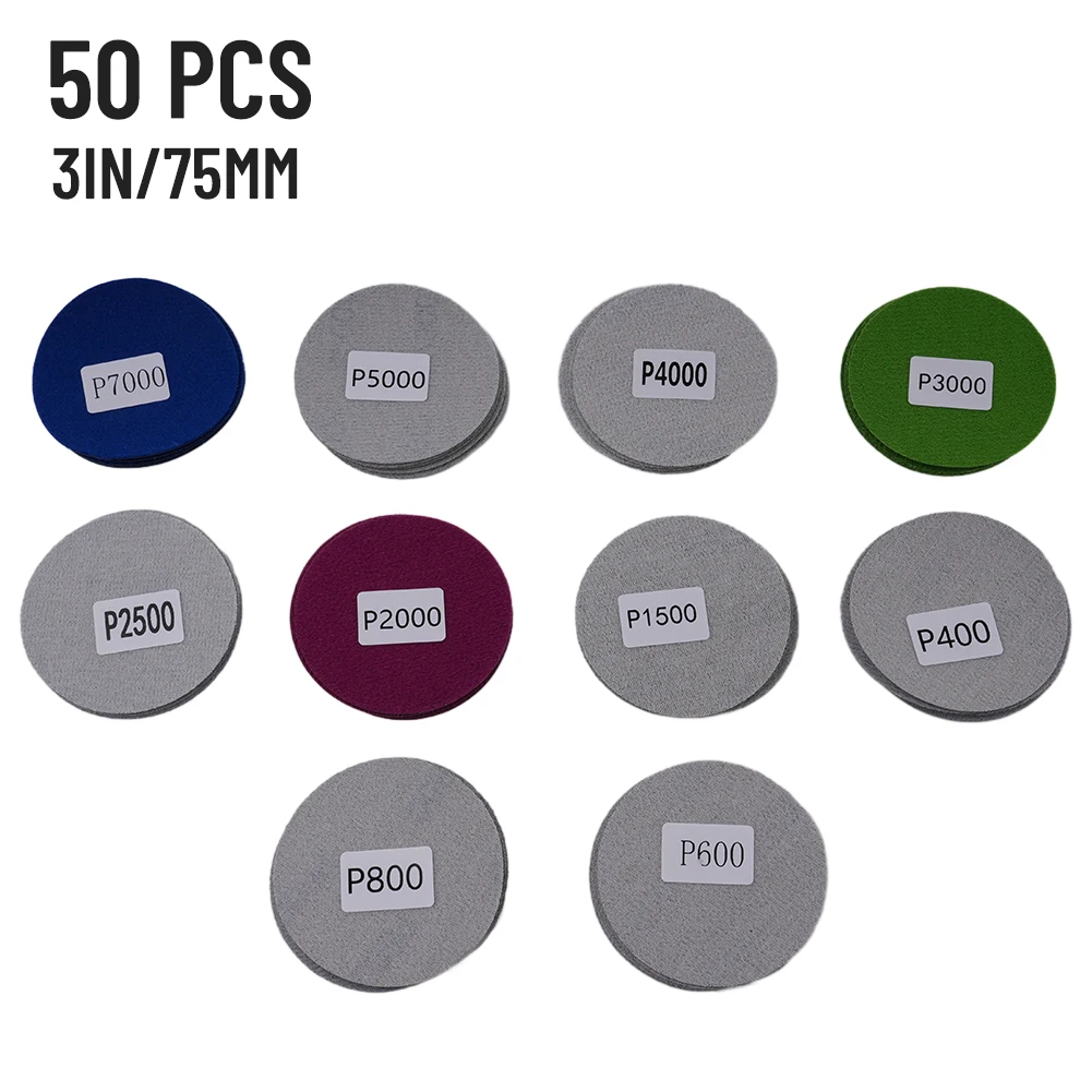 

50pcs Kit 3 Inch Wet Dry Sandpaper Hook&Loop Round Sanding Discs Abrasive Pads Wet Dry Flocking Sandpaper 400-7000 Grit