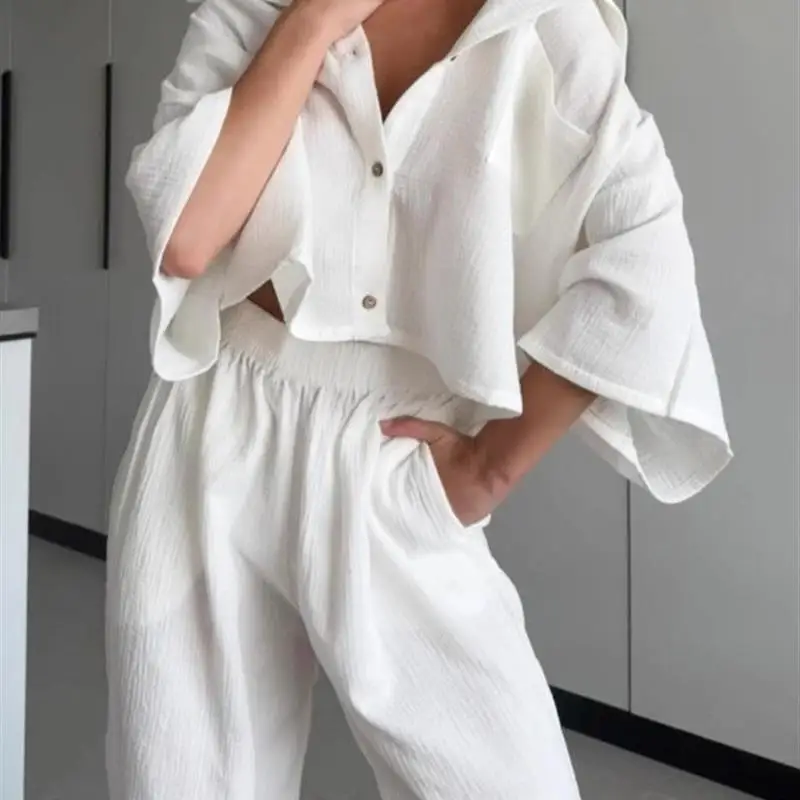 

Женский повседневный костюм для отдыха, комплект из двух предметов, свободный длинный све, Bubble Sve Commute Sle, смесь хлопка Ci Walk Dr