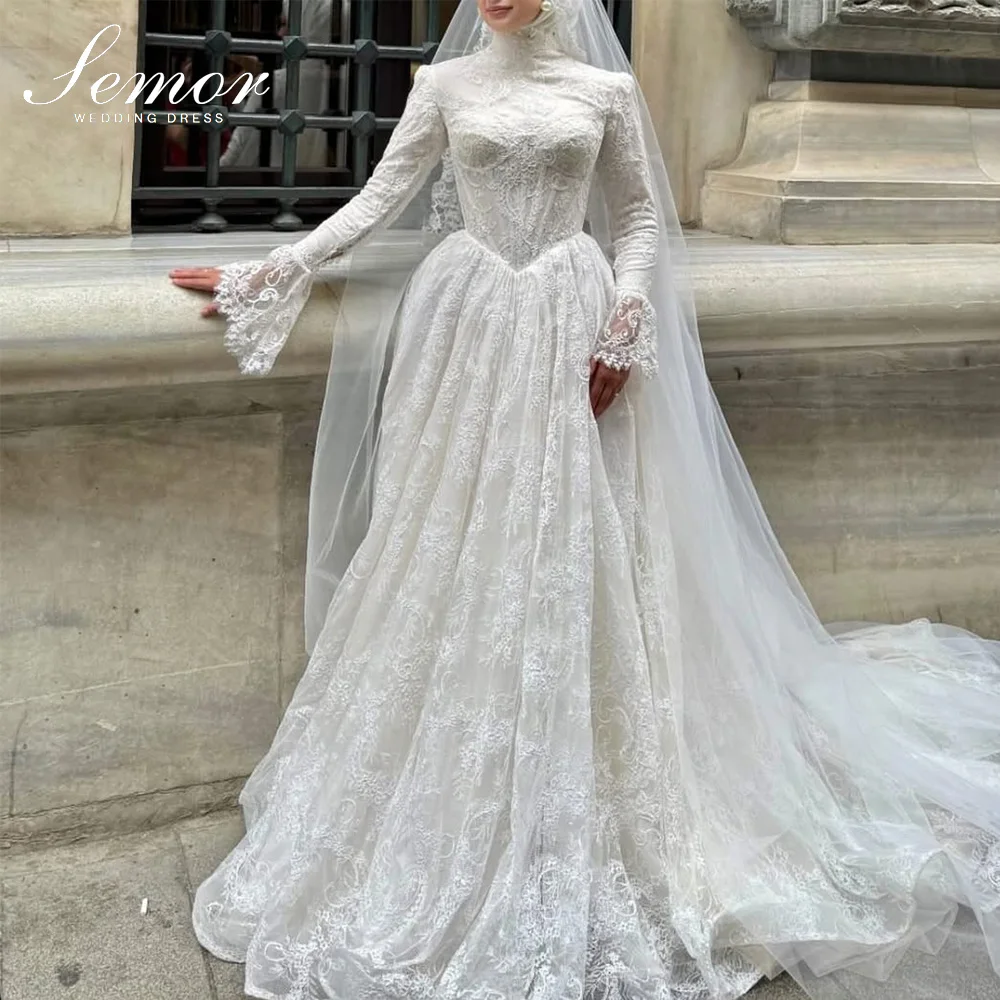 Semor Maßgeschneidertes Muslimisches Hochzeitskleid mit Langen Ärmeln und Exquisiter Spitze 2026 Neues A-Linien-Kleid mit Plissee und Spitzenapplikationen Brautkleid Robe De Mariée