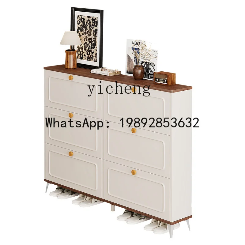 

P30 Vintage Cream Style Ultra-Thin Shoe Cabinet for Home Entrance with Retro Decals and Flip-Bucket Design Shoe Rack