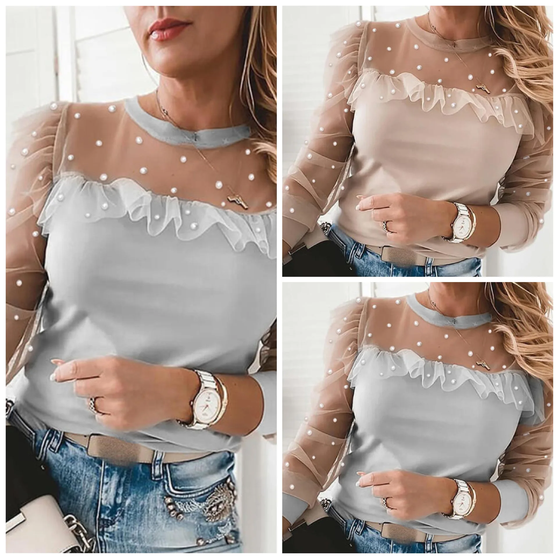 

New Fashion Women Beaded Sheer Mesh Ruffled Top With Regular Casual And Fashionable O-neck Long Daily Spring Top For Women