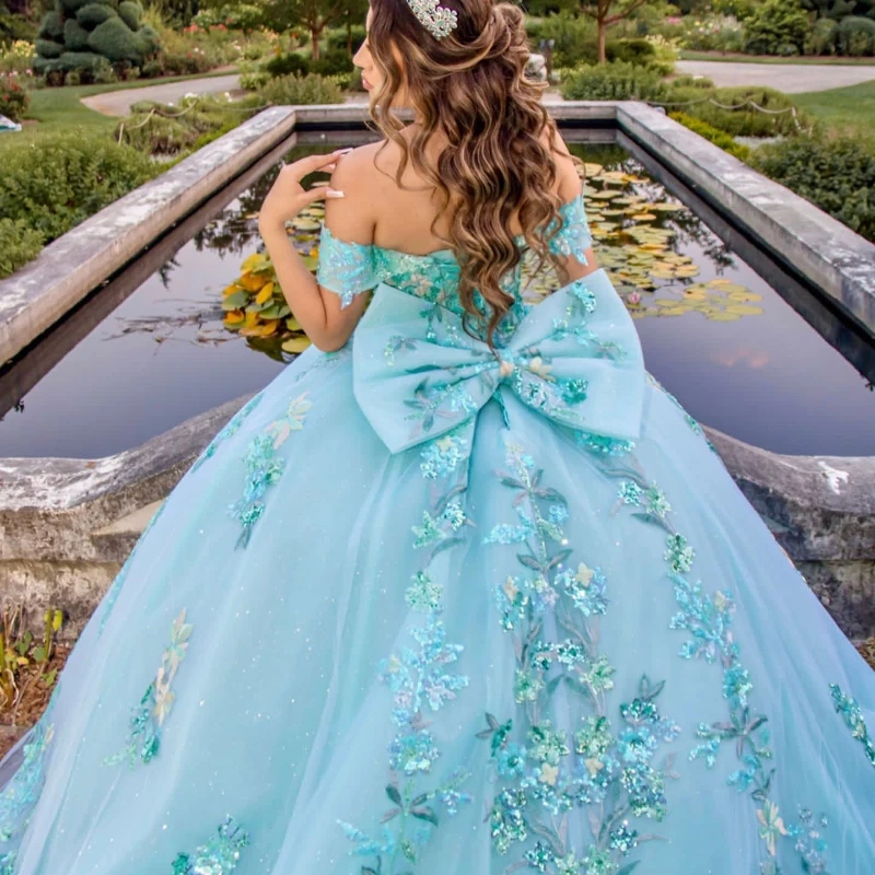 EVLAST Customized Blue Quinceanera Dress Lace Appliqued Beading Sweet 16 15 Dress Ball Gown Vestidos De 15 Quinceañera TQD042