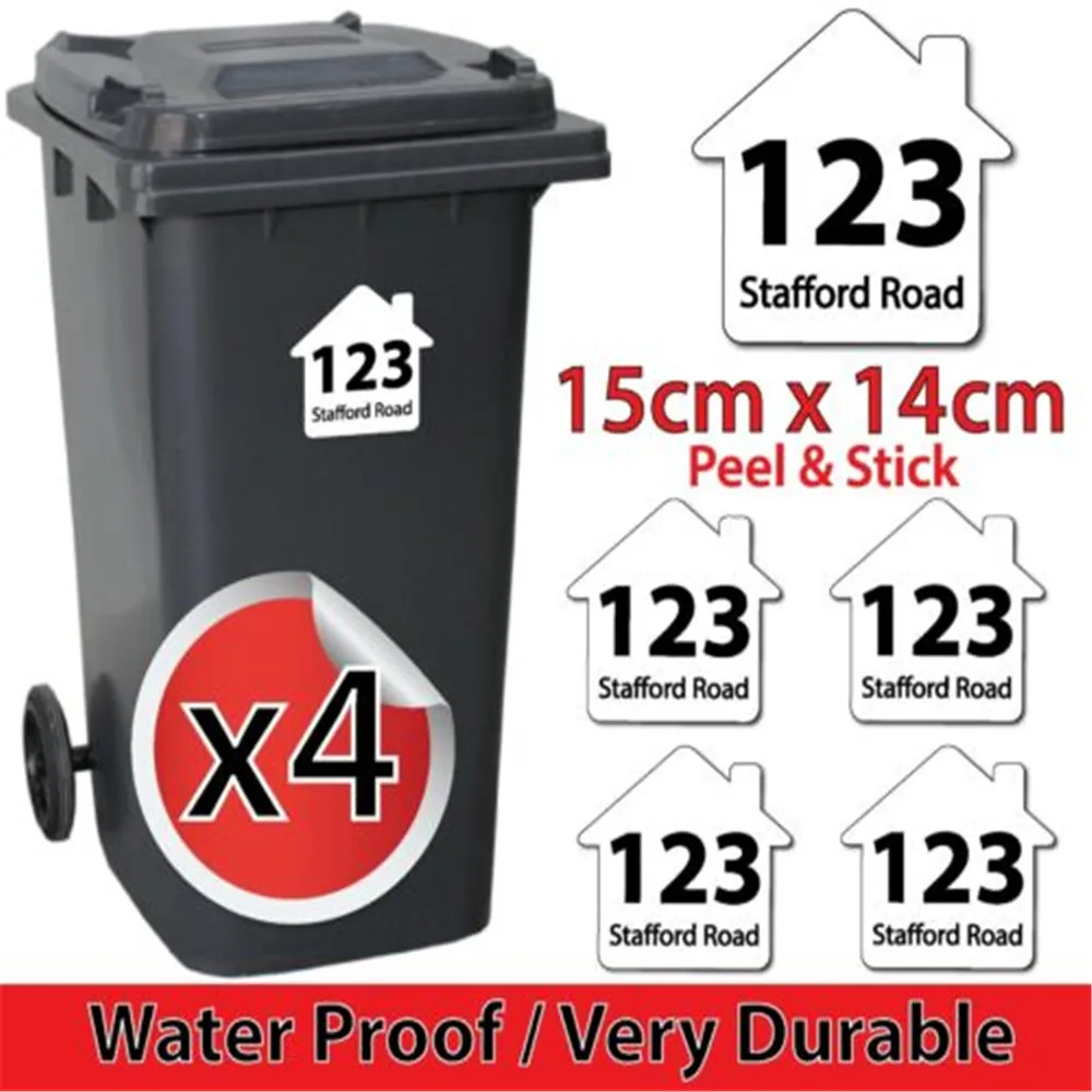 4 x VINYL STICKERS NUMBERS CUSTOM HOUSE NUMBER & ROAD STREET NAME TRASH STICKER