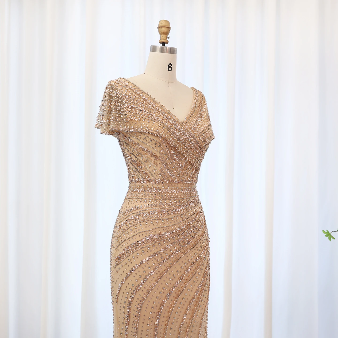 Sharon Said Luxuriöse Dubai Silber-Nude Abendkleider für Hochzeiten, Meerjungfrauenkleid mit Kapärmeln, Arabisches Formelles Partykleid SS045 Maßanfertigung – Detail 14