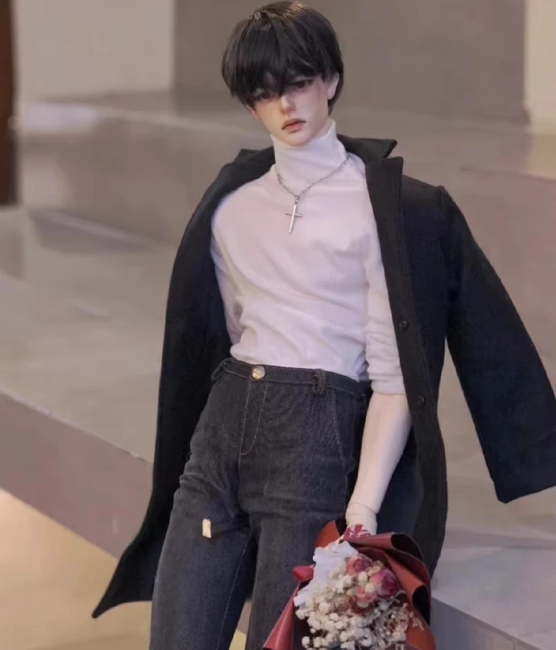 D09-P690 Kinder handgemachtes Spielzeug Onkel ID75 uf75 BJD Puppenkleidung Schwarzer Wollmantel 1St