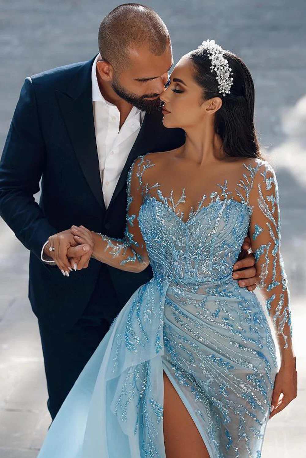 Gillter Sequined Beading Evening Dresses Blue Full Sleeves High Side Split Mermaid Formal Party Prom Gowns Vestido De Fiesta