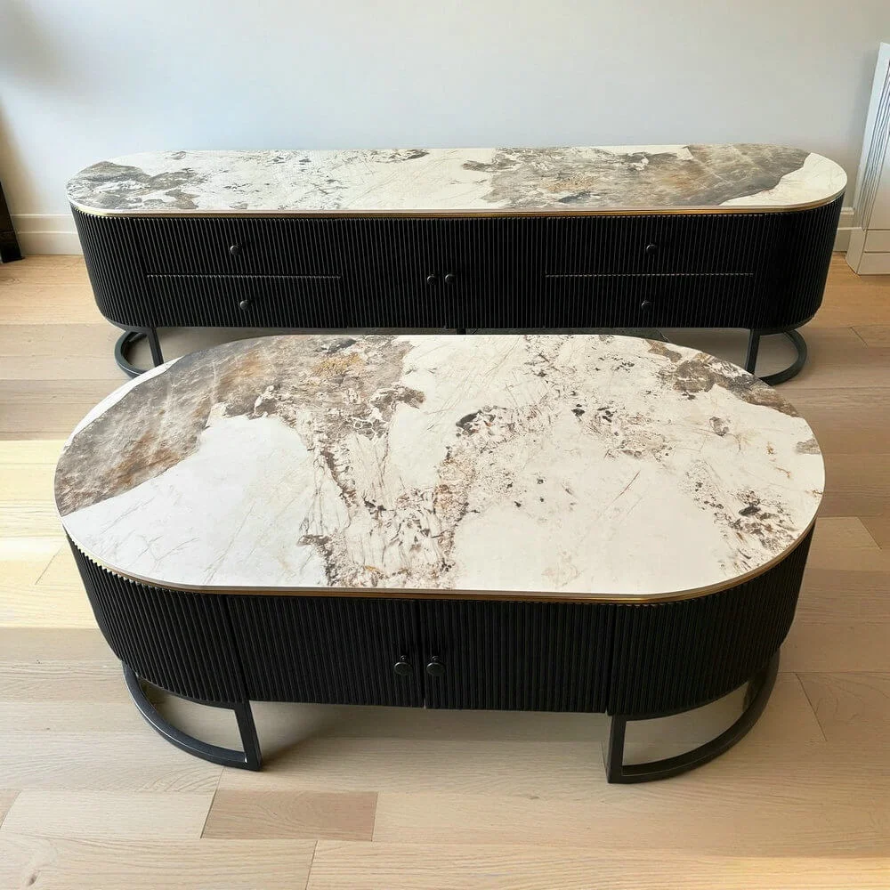 Moderne Wohnzimmermöbel, Steinplatte, schwarz, modischer Couchtisch, Aufbewahrungs-TV-Schrank aus Holz mit goldenem Edelstahl