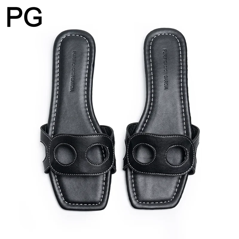 PG Minimal Hollow Flat Slippers Square Toe Textured Insole Anti-skid Bottom Summer Travel Walking Slide Shoes