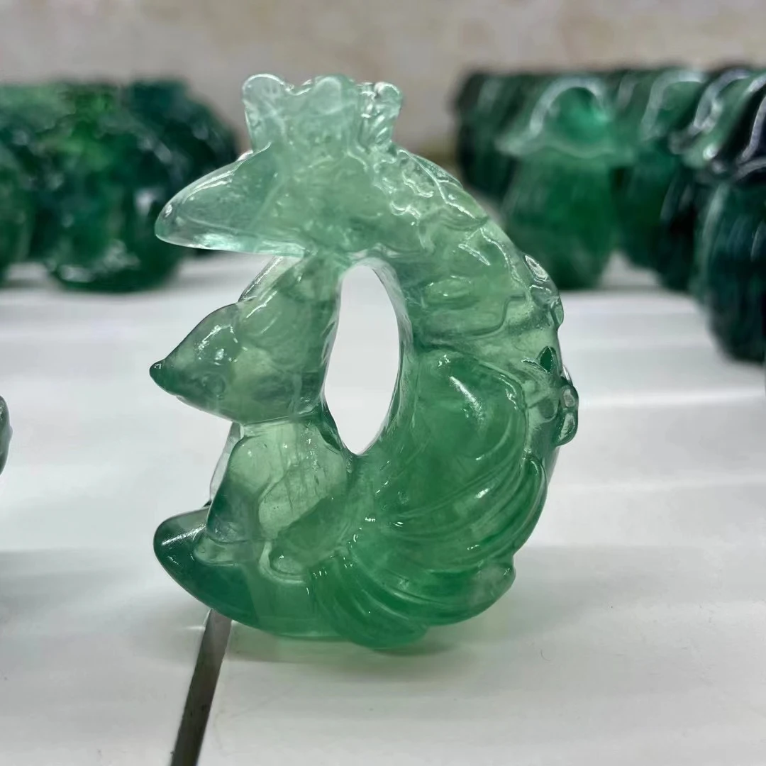 6cm Natural Green Fluorite Nine-Tailed Fox Hand Carved Crystal Polished Quartz Healing Stones Gemstones For Home DIY Decorations