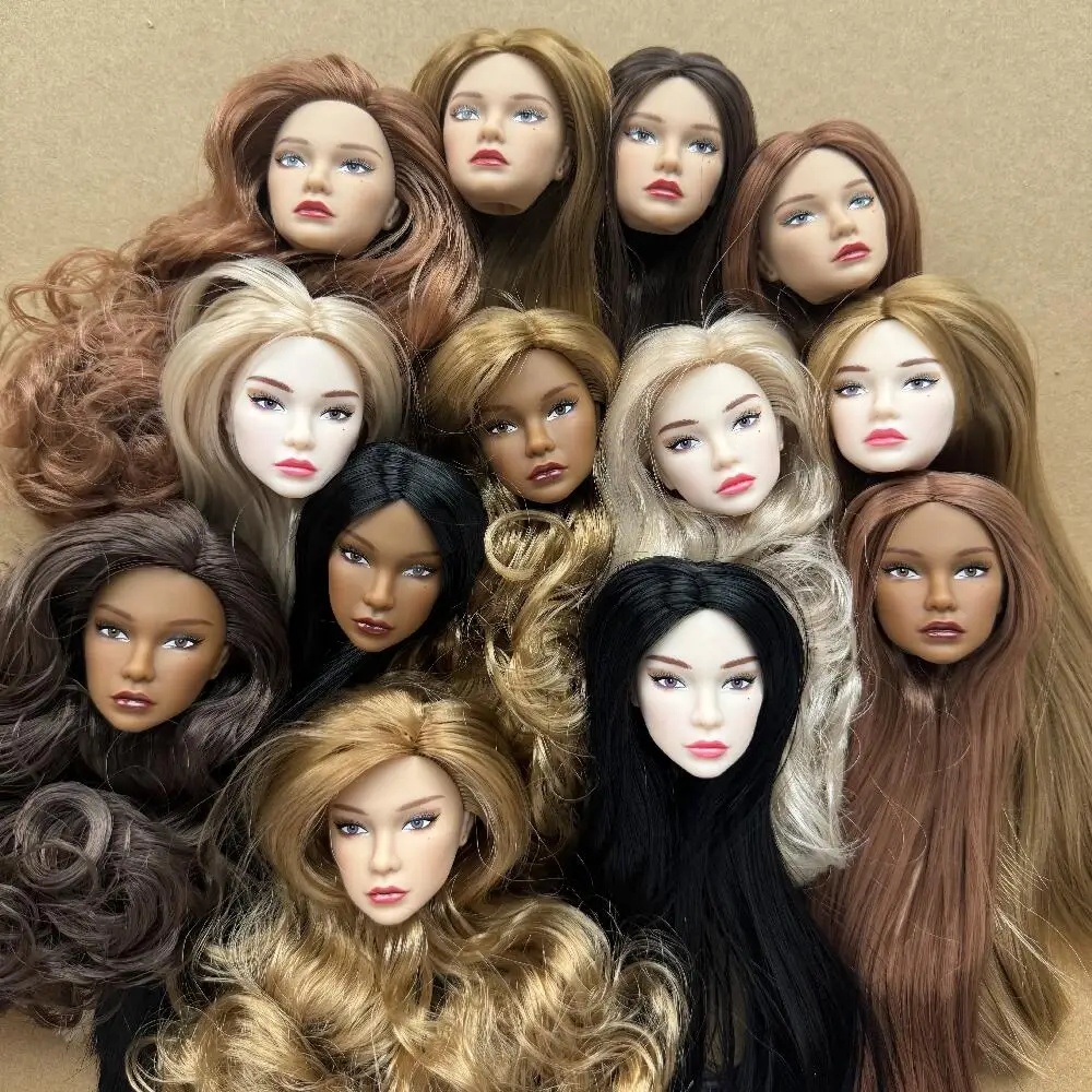 1/6 Scale Model Doll Heads with Mole Detail Multicolor Hair Options Brown White Beige Skin Tones for Doll-Making Collectibles