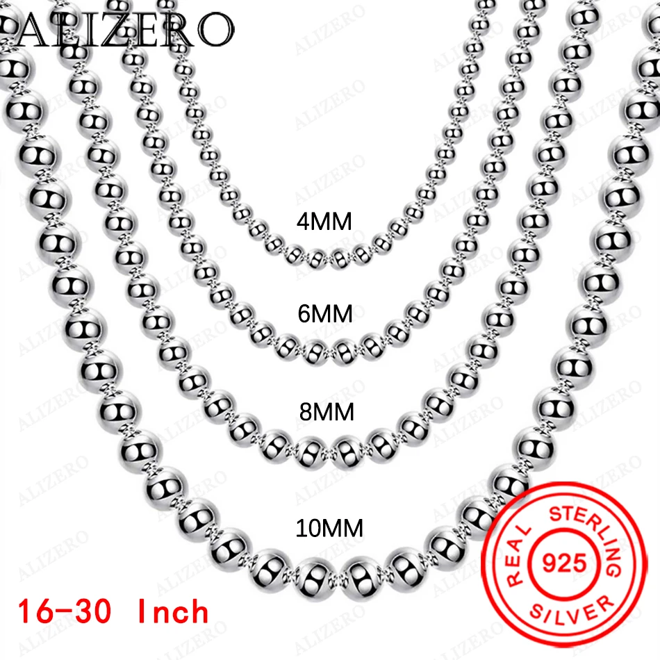 

ALIZERO 925 Silver 4MM/6MM/8MM/10MM Smooth Beads Ball Chain Necklace For Women Men Fashion Classic Jewelry 16-30 Inch