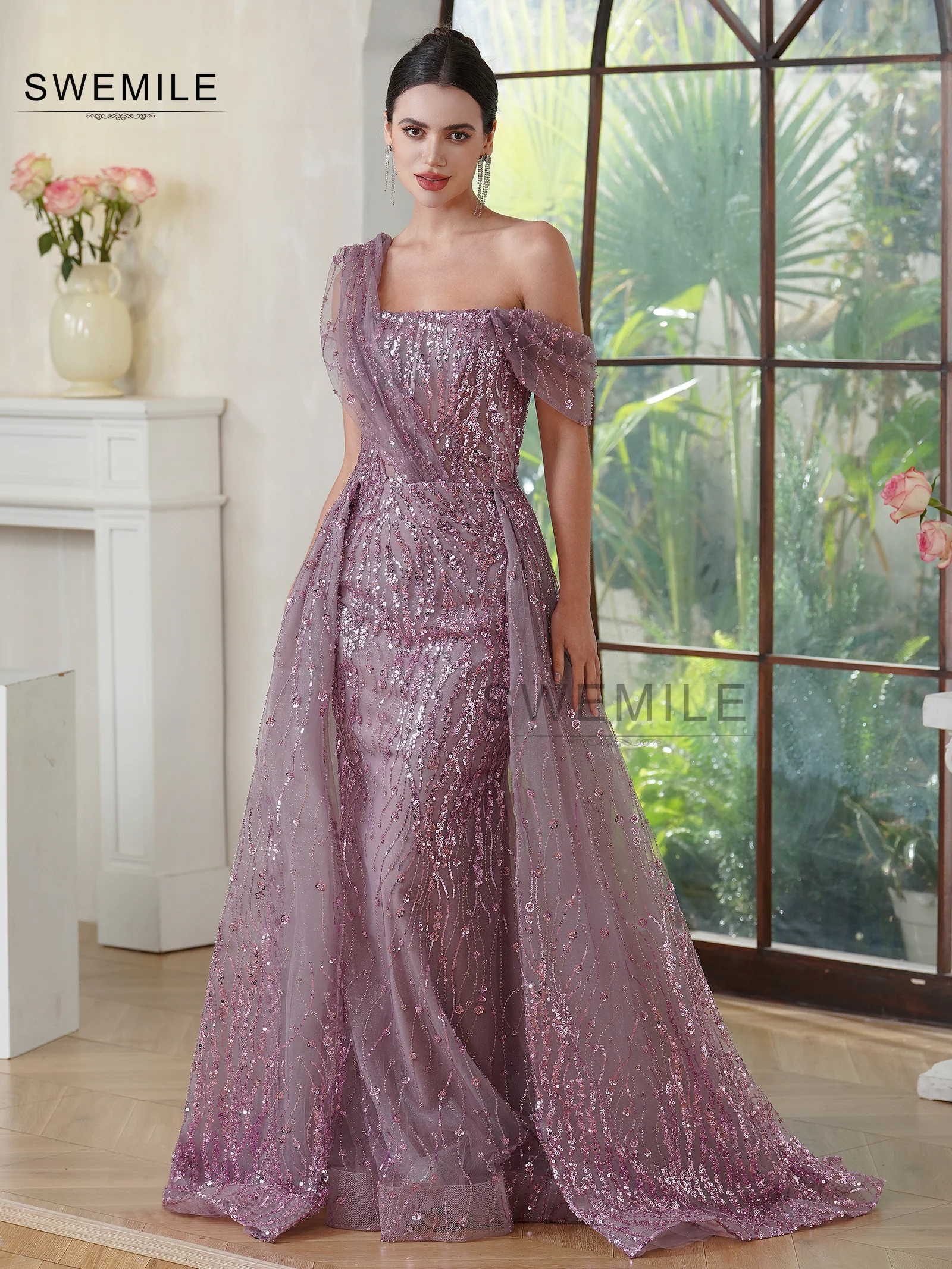 

A-Line Luxury One Shoulder Floor-Length Prom Dresses Sequins Beading Elegant Evening Gowns Valentines Long Dresses Party Dresses