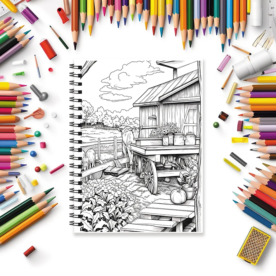 Relaxing Farm Time Adult Coloring Book - 8.3x 11.2 Inch 32 Page Coloring Book - Helps Reduce Stress and Ease Emotions